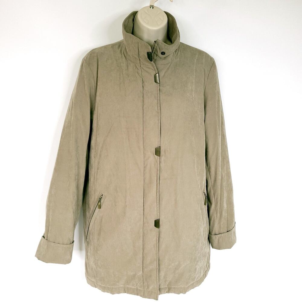 Liz Claiborne Womens Small Tan Khaki Jacket Zip Snap Front Stand Collar Lined